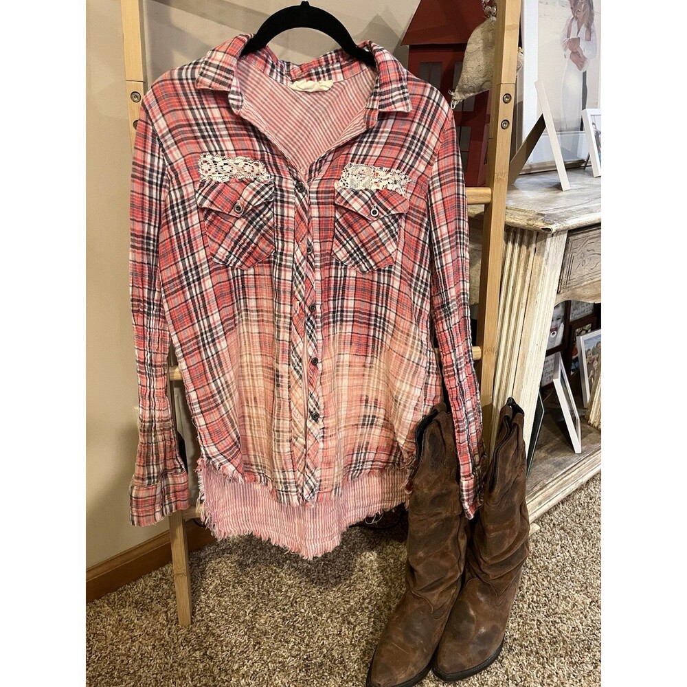 Handmade Boho Plaid Flannel Shirt Lace Butterfly Distressed Boutique S